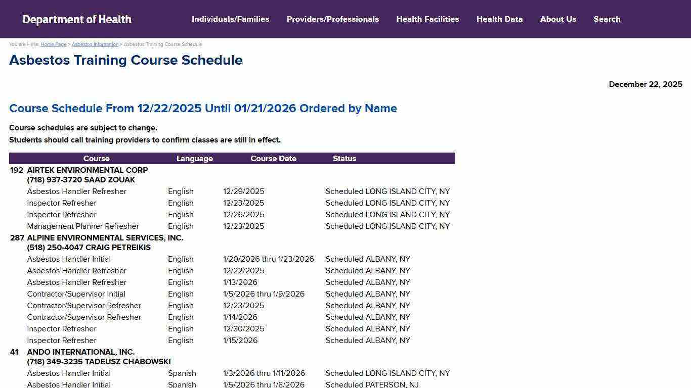 Asbestos Training Course Schedule