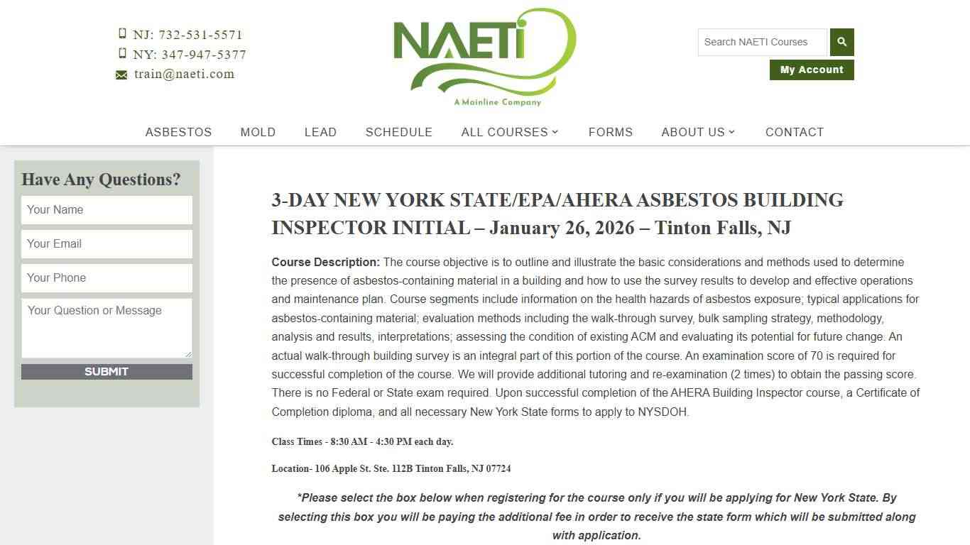 3-DAY NEW YORK STATE/EPA/AHERA ASBESTOS BUILDING INSPECTOR INITIAL - January 26, 2026 - Tinton Falls, NJ - NAETI : NAETI