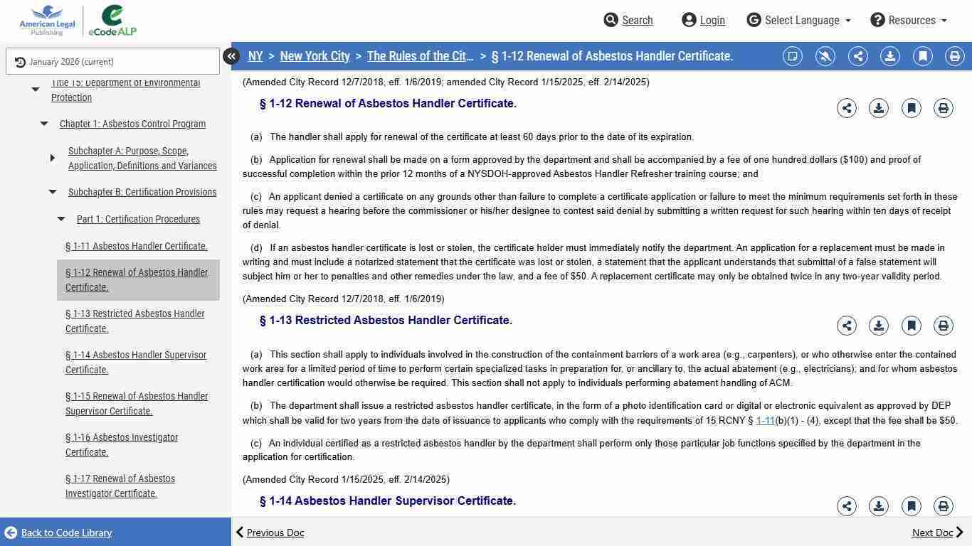 § 1-12 Renewal of Asbestos Handler Certificate.