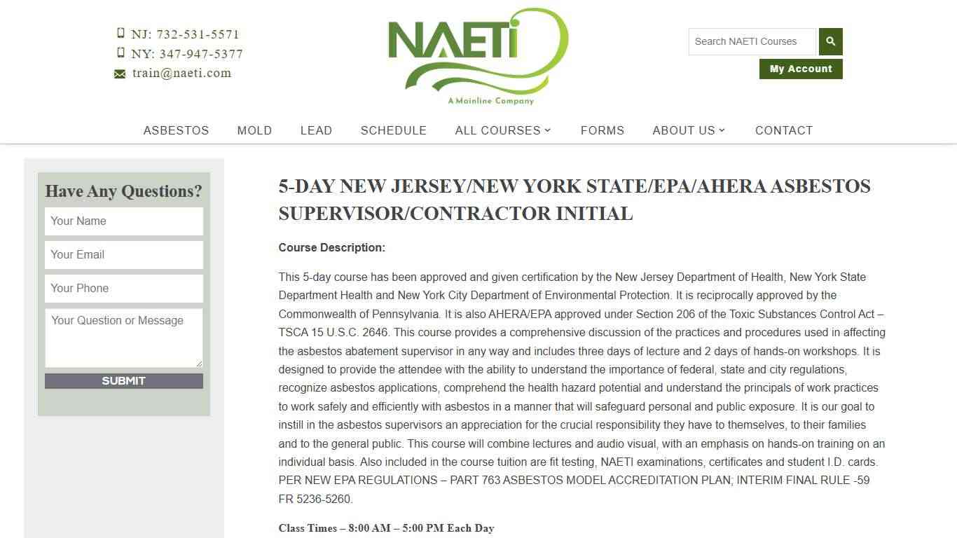 5-DAY NEW JERSEY/NEW YORK STATE/EPA/AHERA ASBESTOS SUPERVISOR/CONTRACTOR INITIAL - NAETI : NAETI