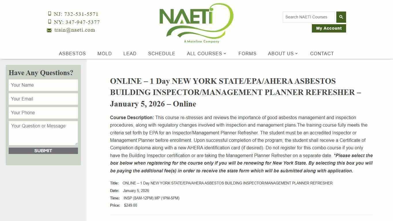 ONLINE – 1 Day NEW YORK STATE/EPA/AHERA ASBESTOS BUILDING INSPECTOR/MANAGEMENT PLANNER REFRESHER - January 5, 2026 - Online - NAETI : NAETI