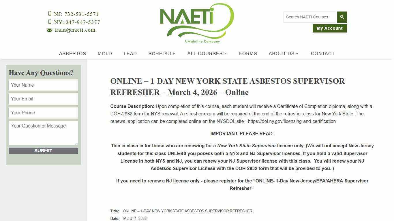 ONLINE – 1-DAY NEW YORK STATE ASBESTOS SUPERVISOR REFRESHER - March 4, 2026 - Online - NAETI : NAETI