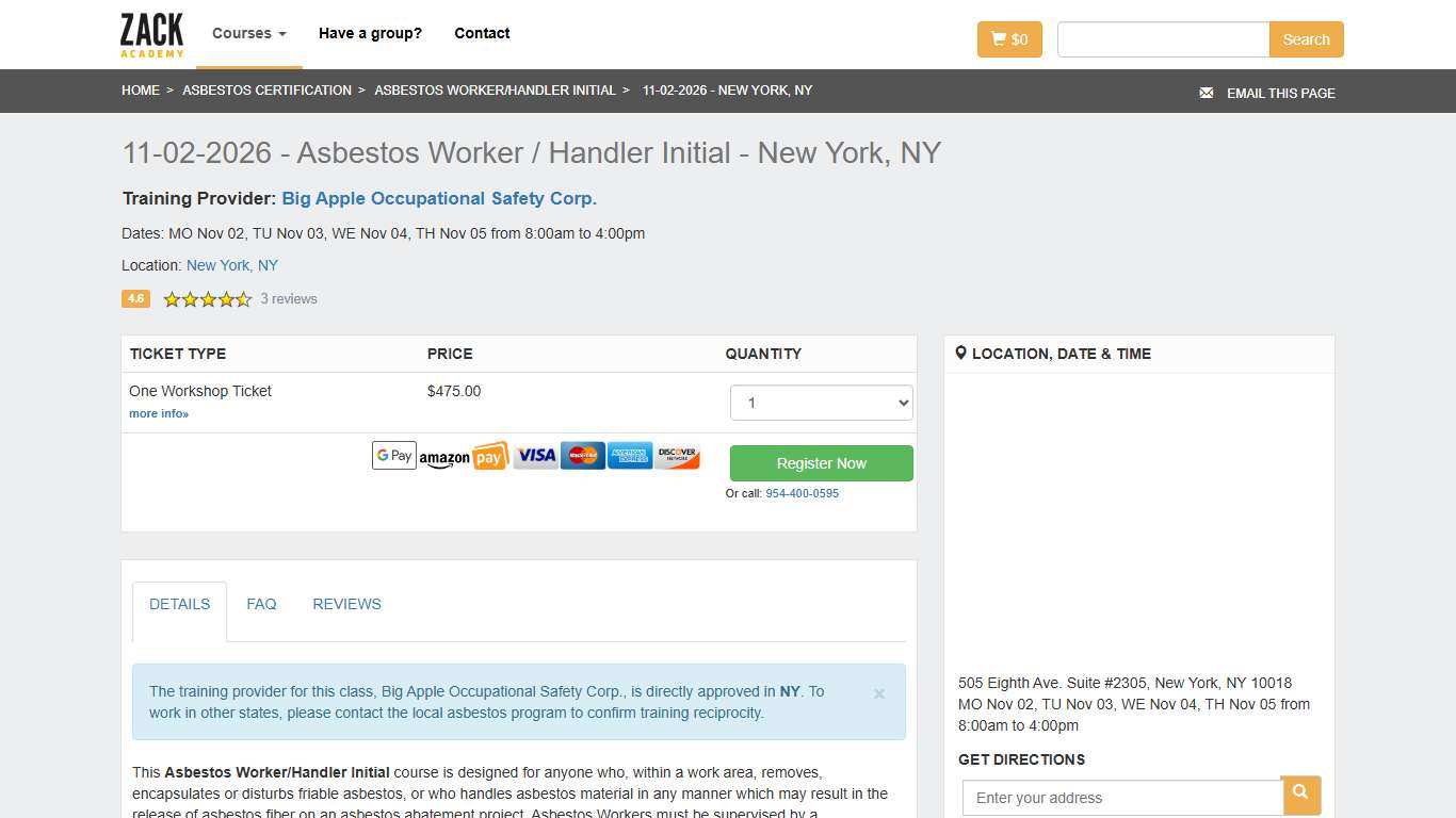 11-02-2026 - Asbestos Worker/Handler Initial Training | New York, NY | Zack Academy